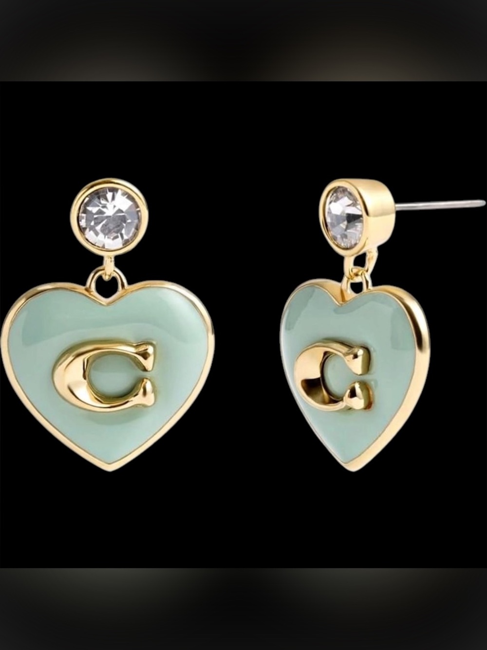 NWT Coach Heart Drop Earrings Light Green Enamel Gold C Logo on Earring Card